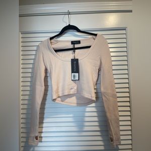 White Fox Boutique Follow Through Waffle Long Sleeve Crop Oatmeal in Medium